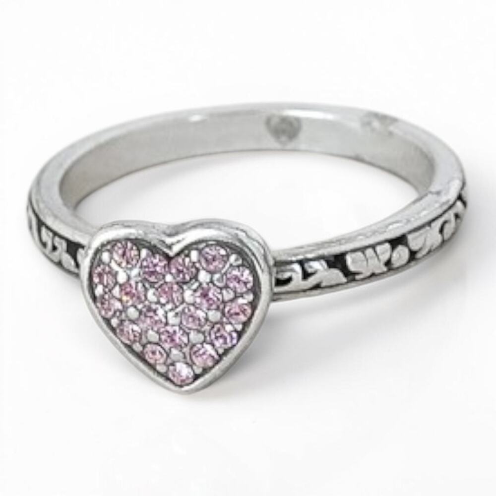 Brighton Rock Romance Filigree Ring Pink Crystal Pave Heart Silver Retired SZ 9 - Picture 2 of 5